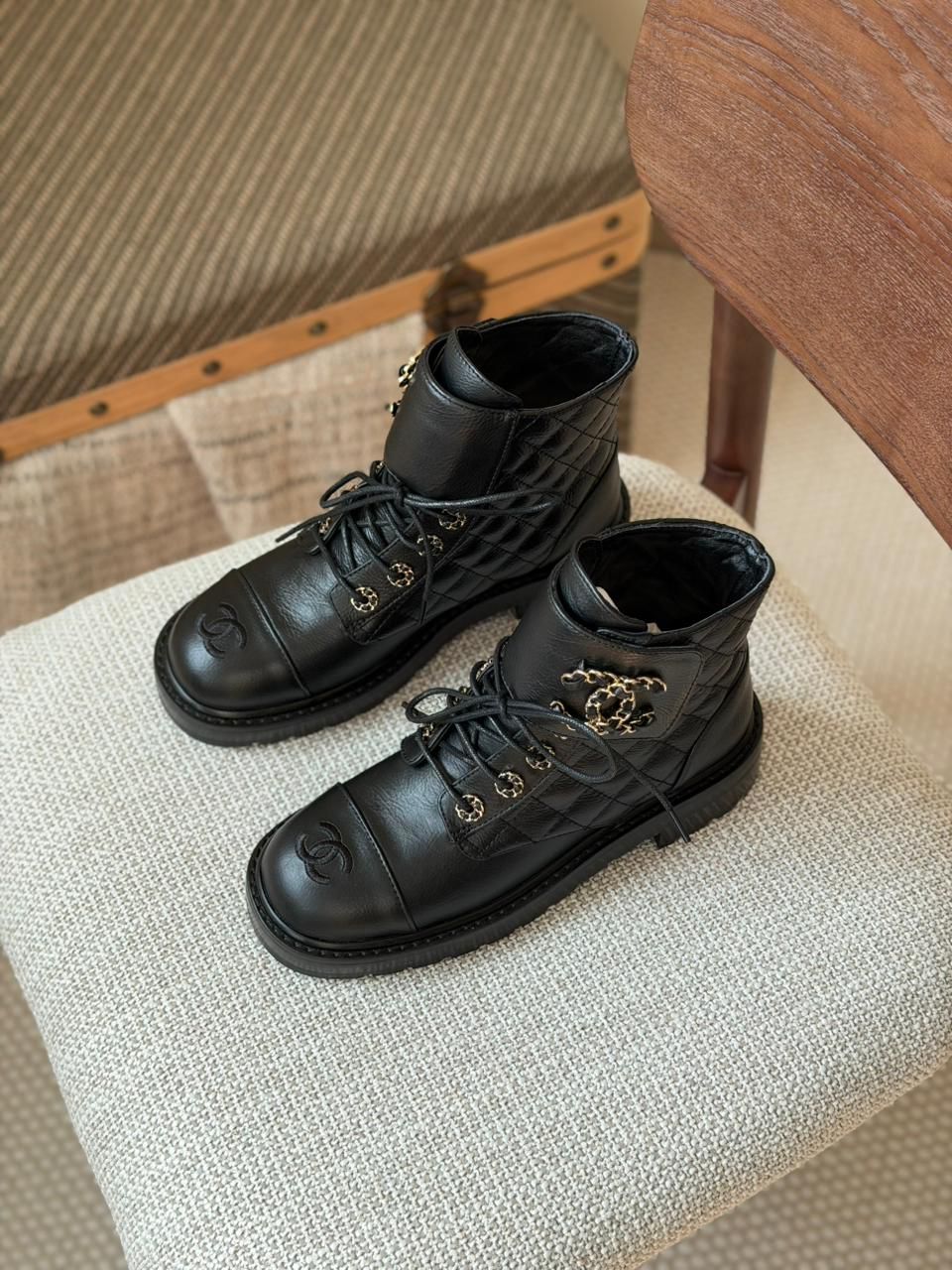 Chanel Combat Boots, Chanel Black Leather Boots, Chanel Lace-Up Boots, Chanel Military Boots, Chanel Black Combat